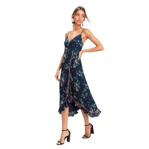 Lulus Navy Floral‎ Ruffled Wrap Midi Dress Size S